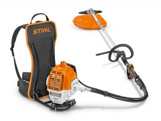 Benzínový krovinorez STIHL FR 235 (Chrbtový krovinorez umožňuje vďaka pružnému spojeniu medzi motorom a tyčou pohodlnú prácu aj smerom do svahu. Hmotnosť stroja spočíva hlavne na ramenách a boku obsluhy a to robí prácu v ťažkom teréne podstatne)