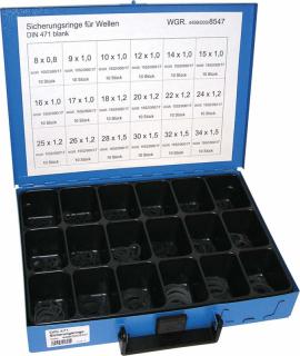 Poistné krúžky na hriadeľ - vonkajšie segrovky DIN 471, 8x0.8-34x1.5 mm, súprava 180 ks v kufri