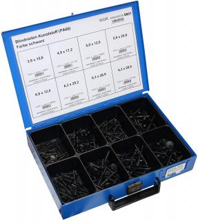Trhacie nity plastové 3,9x15,6-6,3x28,9 mm, súprava 180 ks v kufri