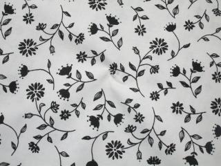 Bavlna biela  čierne kvety  - certifikovaná