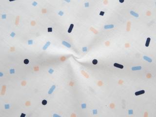 Bavlna biela  marhuľový a modrý geometrický vzor  