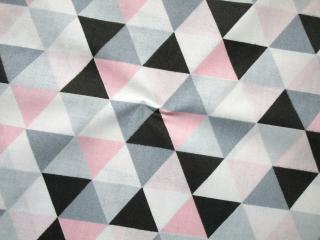 Bavlna biela  ružovo-sivo-čierne trojuholníky
