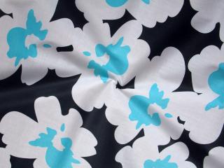Bavlna čierna  bielo-tyrkysové kvety