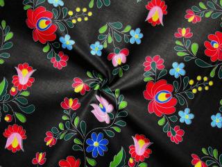 Bavlna čierna  farebné folk kvety