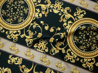 Hodváb čierny  béžový pásik, žlto-horčicový vzor  - talianska kolekcia