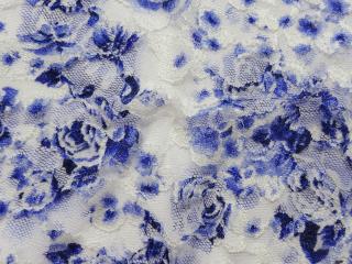 Krajka elastická bielo-modrá  kvety