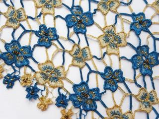 Krajka zlato-modrá  kvet s korálkami