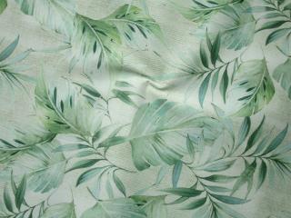 Satén bavlnený matný béžovo-zelená  listy