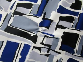 Satén bavlnený modro-čierny  geometrický vzor  - matný