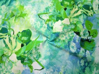 Satén bavlnený modro-zelený  kvety