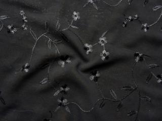 Šifón čierny  čierne vyšívané kvety