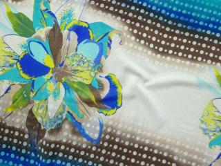 Šifón Miláno tyrkysovo-modro-hnedý  kvet  - bordúra jednostranná