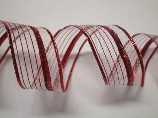 Stuha dekoračná s drôtikom  červené pásiky  - 25 mm