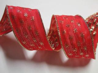 Stuha dekoračná s drôtikom  zlaté vločky  - 40 mm