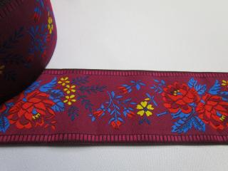 Stuha krojová baklažánová  červeno-vínový kvet  - 5,5 cm