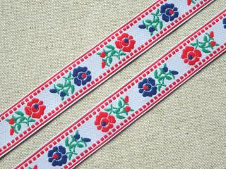 Stuha krojová biela  červený a modrý kvet  - 1,9 cm
