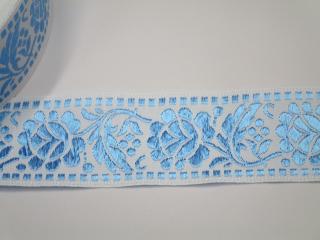Stuha krojová biela  modrý vzor  - 4 cm