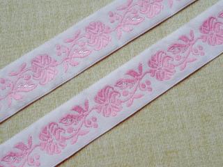 Stuha krojová biela  ružový kvet  - 2,5 cm