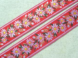 Stuha krojová červená  biele kvety - 5 cm