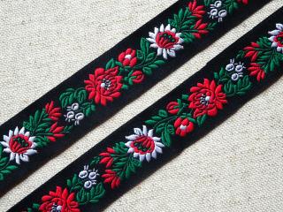 Stuha krojová čierna  biely a červený kvet  - 1,4 cm