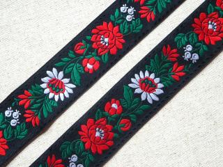 Stuha krojová čierna  biely a červený kvet  - 3,5 cm