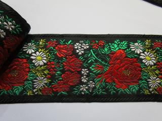 Stuha krojová čierna  kvety  - 9,9 cm
