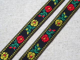 Stuha krojová čierna  žlté a červené kvety  - 1,8 cm