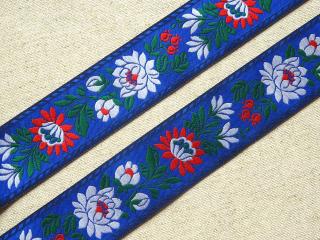Stuha krojová modrá  biely a červený kvet  - 3,5 cm
