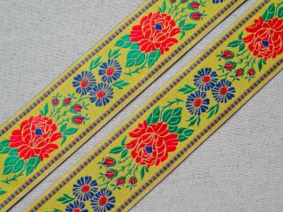 Stuha krojová žltá  červený a modrý kvet  - 4,5 cm