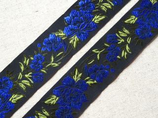 Stuha žakarská čierna  modré kvety