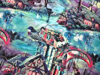 Úplet zeleno-fialovo-modrý  vták, stromy, domy