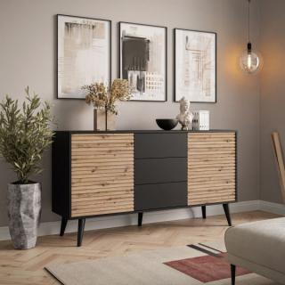 Komoda CYNTHIA so zásuvkami čierna matná + dub artisan 154 cm