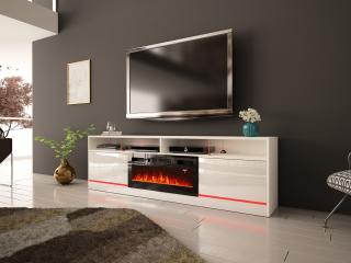Luxusný TV stolík SANDRA biela s elektrickým krbom + RGB osvetlenie