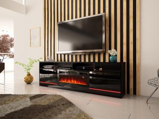 Luxusný TV stolík SANDRA čierna s elektrickým krbom + RGB osvetlenie