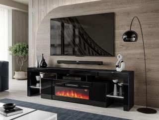 Luxusný TV stolík SANDRA čierny lesk s elektrickým krbom