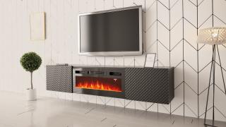 Luxusný TV stolík SANDRA závesná čierna s elektrickým krbom