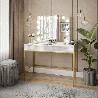 Toaletný stolík so zrkadlom CORA biela matná + zlatá