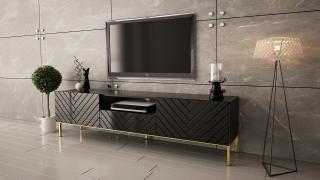 TV skrinka UMA 190cm, čierny lesk, zlaté nohy