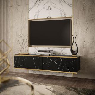 Závesná TV skrinka, BOSTON 135 cm čierny mramor + zlatá