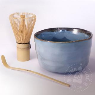 Set na čaj MATCHA modrý (miska CHAWAN, metlička CHASEN a naberačka CHASHAKU)