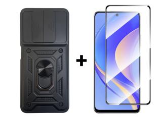 9D SKLO + PUZDRO 2v1 pre Huawei Nova Y90 - Tvrdené Armor Ring SLIDE čierne