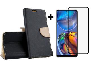 9D SKLO + PUZDRO 2v1 pre Motorola Moto E32 / E32s - Knižkové FANCY čierno zlaté