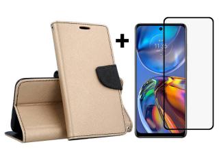 9D SKLO + PUZDRO 2v1 pre Motorola Moto E32 / E32s - Knižkové FANCY zlato čierne