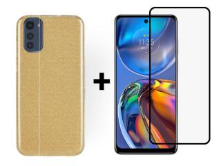 9D SKLO + PUZDRO 2v1 pre Motorola Moto E32 / E32s - Silikónové GLITTER zlaté