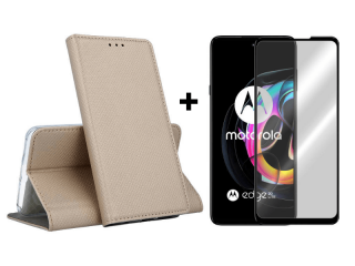 9D SKLO + PUZDRO 2v1 pre Motorola Moto Edge 20 Lite - Knižkové Magnet zlaté