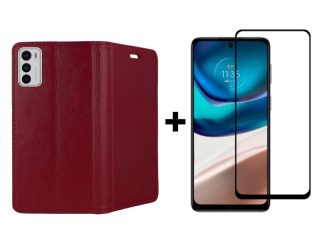 9D SKLO + PUZDRO 2v1 pre Motorola Moto G42 - Knižkové Smart Magnet bordové