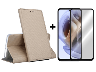 9D SKLO + PUZDRO 2v1 pre Motorola Moto G71 5G - Knižkové Magnet zlaté