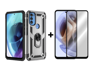 9D SKLO + PÚZDRO 2v1 pre Motorola Moto G71 5G - Tvrdené Ring Armor sivé