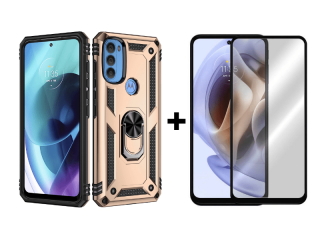 9D SKLO + PÚZDRO 2v1 pre Motorola Moto G71 5G - Tvrdené Ring Armor zlaté