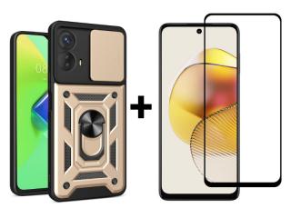 9D SKLO + PUZDRO 2v1 pre Motorola Moto G73 5G - Tvrdené RING ARMOR zlaté